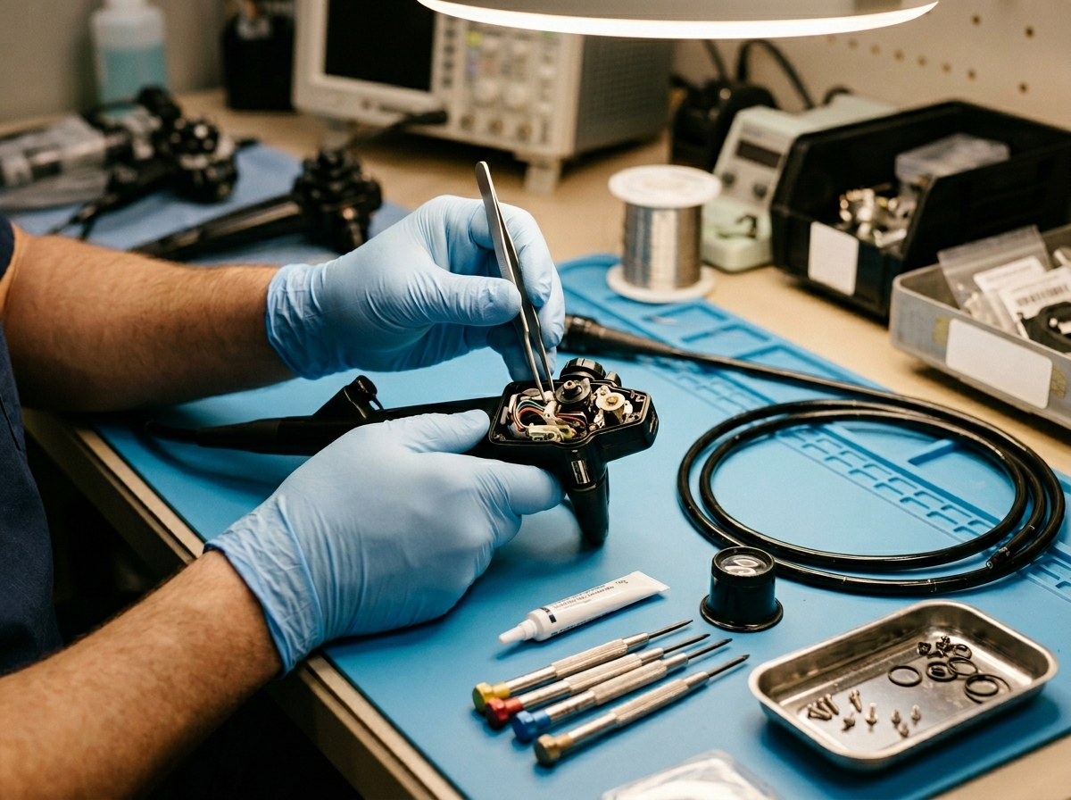 Mains technicien reconditionnant un endoscope